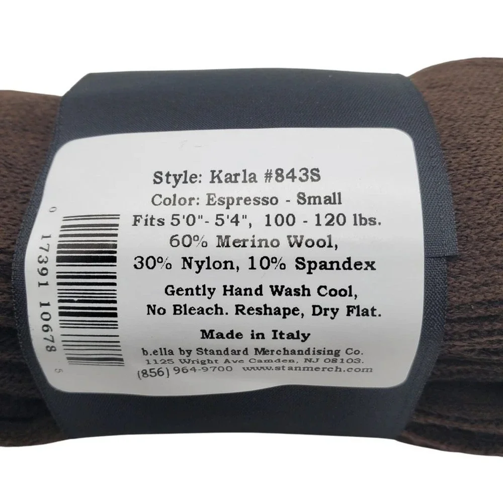 Ribbed Merino Wool Tights Small Espresso Brown Karla B.ella Italy New Hosiery